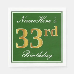 Serviette En Papier Elégant Vert, Faux Or 33ème Anniversaire + Nom