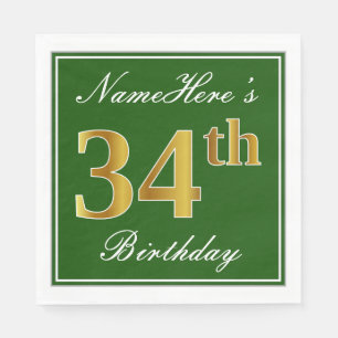 Serviette En Papier Elégant Vert, Faux Or 34ème Anniversaire + Nom