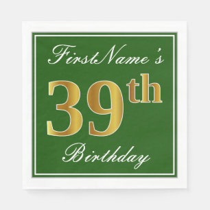 Serviette En Papier Elégant Vert, Faux Or 39ème Anniversaire + Nom