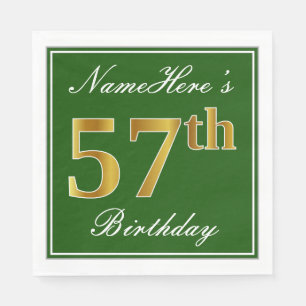 Serviette En Papier Elégant Vert, Faux Or 57ème Anniversaire + Nom