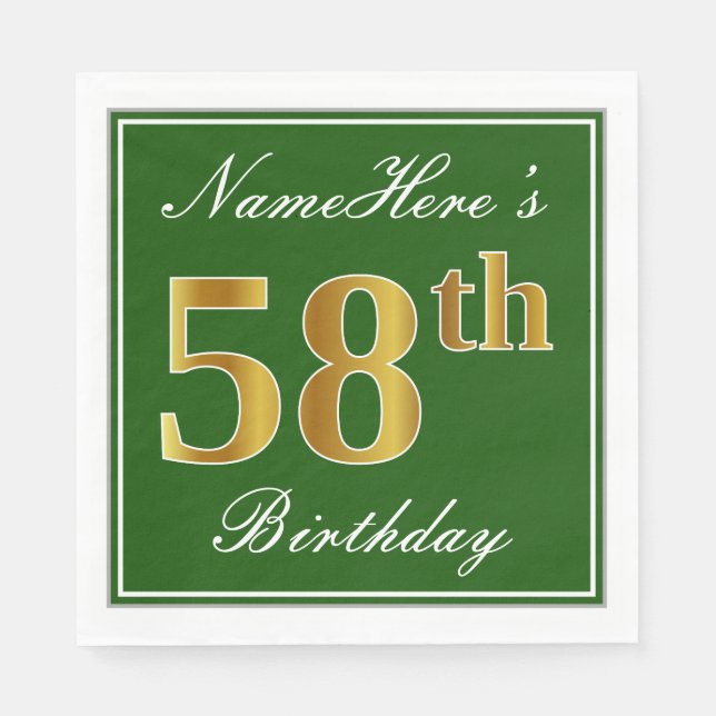 Serviette En Papier Elégant Vert, Faux Or 58ème Anniversaire + Nom (Devant)