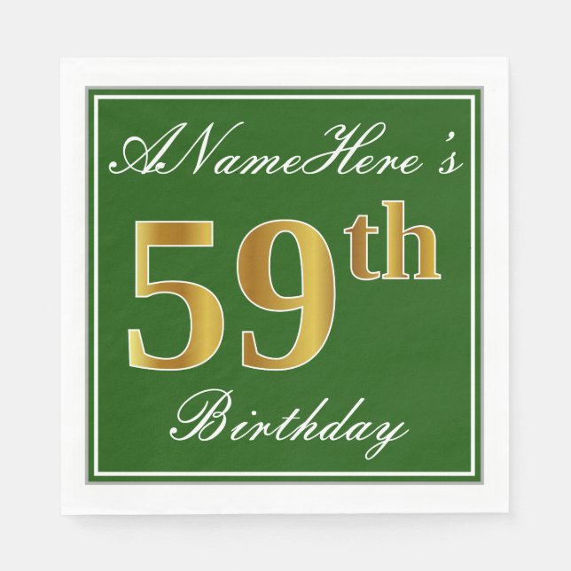 Serviette En Papier Elégant Vert, Faux Or 59ème Anniversaire + Nom (Devant)