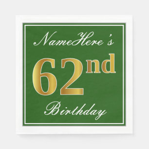 Serviette En Papier Elégant Vert, Faux Or 62ème Anniversaire + Nom