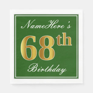 Serviette En Papier Elégant Vert, Faux Or 68ème Anniversaire + Nom