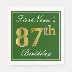 Serviette En Papier Elégant Vert, Faux Or 87ème Anniversaire + Nom