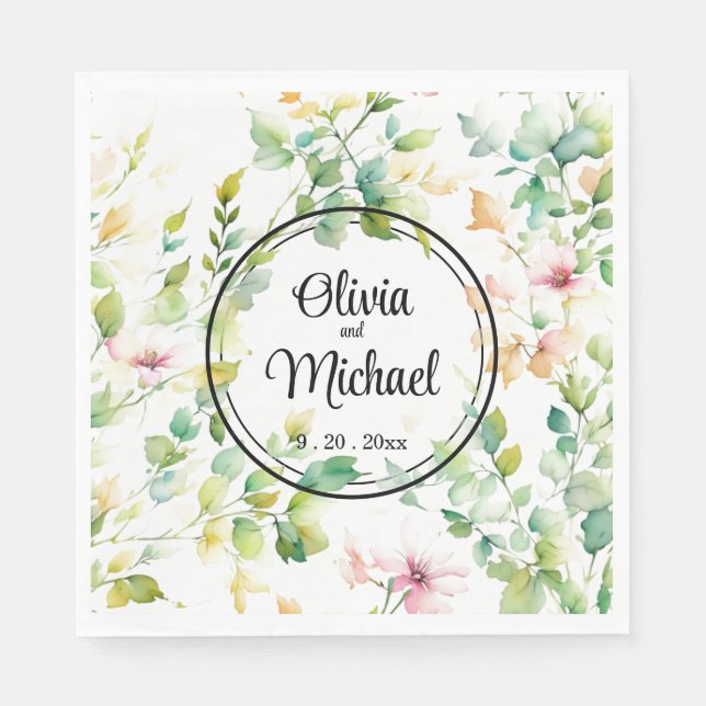 Serviette En Papier Elégant vert fleurs sauvages d'aquarelle (Devant)