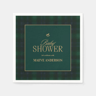 Serviette En Papier Élégant vert marine or carreaux tartan Baby shower