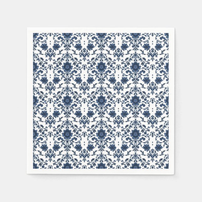 Serviette En Papier Elegant Victorian Damask Flower Pattern Navy Blue  (Devant)