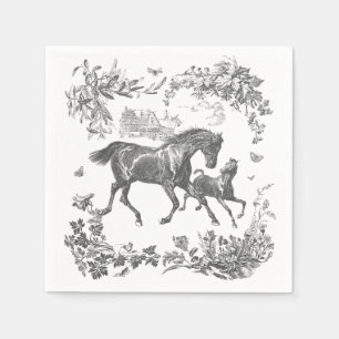 Serviette En Papier Élégant Vintage Chevaux Floral Noir et Blanc