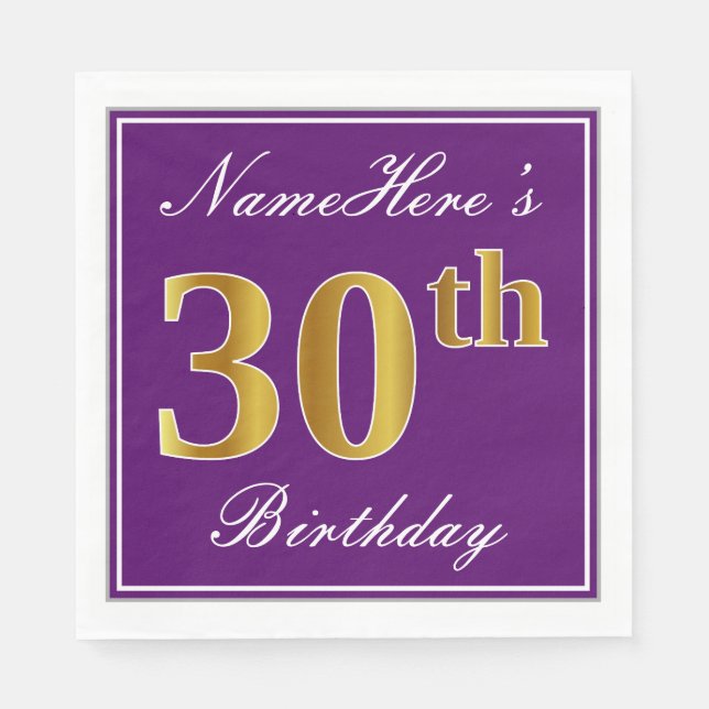 Serviette En Papier Elégant violet, Faux Gold 30e anniversaire + Nom (Devant)