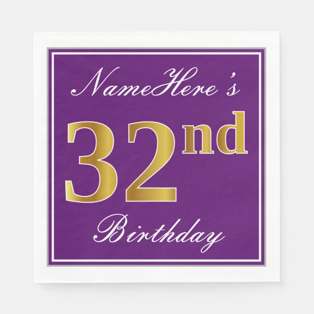 Serviette En Papier Élégant violet, Faux Gold 32ème anniversaire + Nom (Devant)