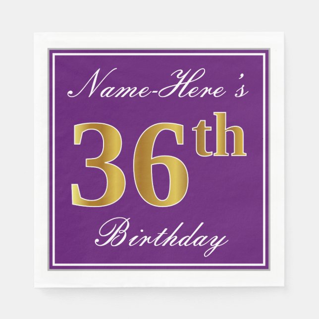 Serviette En Papier Elégant violet, Faux Gold 36ème anniversaire + Nom (Devant)