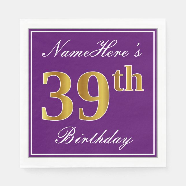 Serviette En Papier Elégant violet, Faux Gold 39ème anniversaire + Nom (Devant)