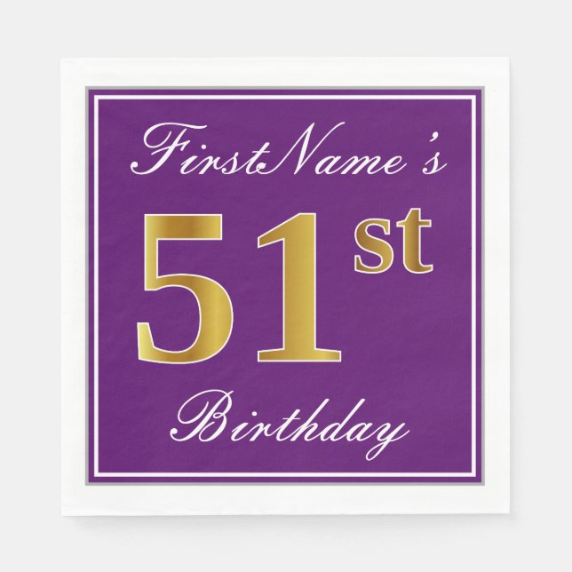 Serviette En Papier Élégant violet, Faux Gold 51ème anniversaire + Nom (Devant)
