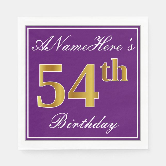 Serviette En Papier Elégant violet, Faux Gold 54ème anniversaire + Nom (Devant)