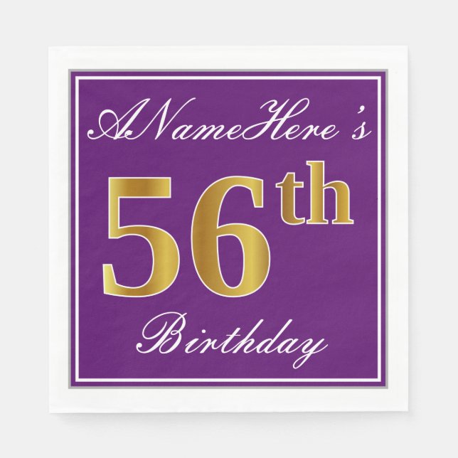 Serviette En Papier Élégant violet, Faux Gold 56ème anniversaire + Nom (Devant)