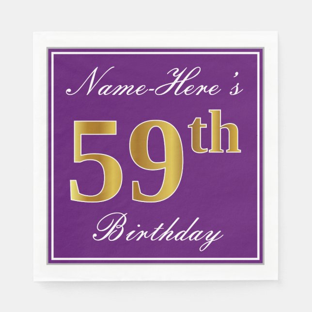 Serviette En Papier Élégant violet, Faux Gold 59e anniversaire + Nom (Devant)