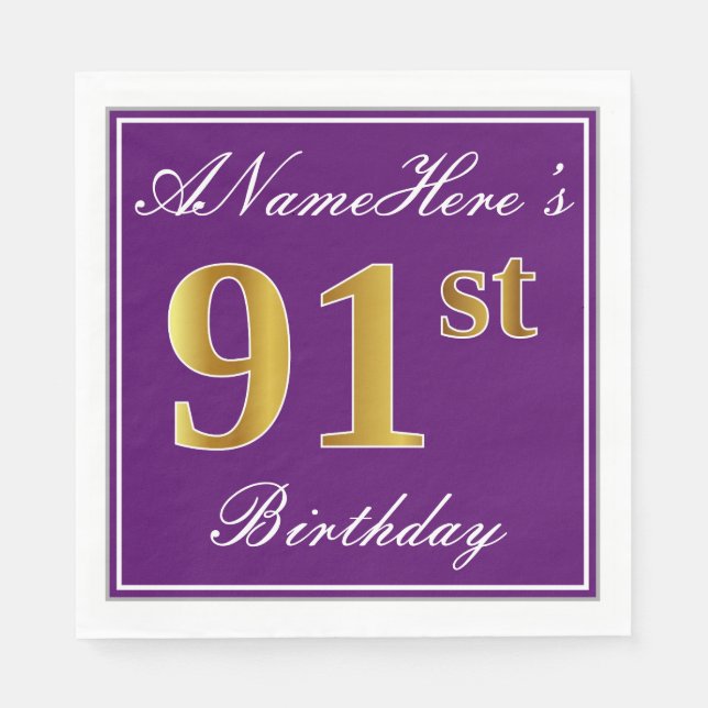 Serviette En Papier Elégant violet, Faux Gold 91ème anniversaire + Nom (Devant)
