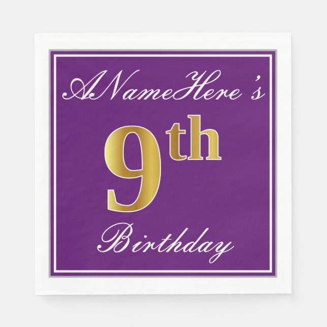 Serviette En Papier Élégant violet, Faux Gold 9e anniversaire + nom (Devant)