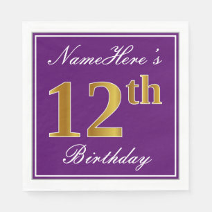 Serviette En Papier Élégant violet, Faux Or 12ème anniversaire + Nom