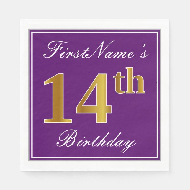 Serviette En Papier Elégant violet, Faux Or 14ème anniversaire + Nom (Devant)