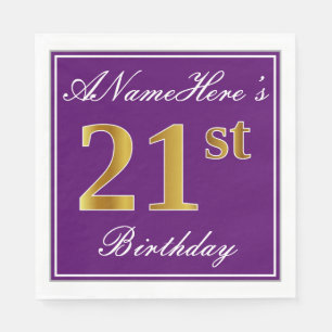Serviette En Papier Élégant violet, Faux Or 21ème anniversaire + Nom
