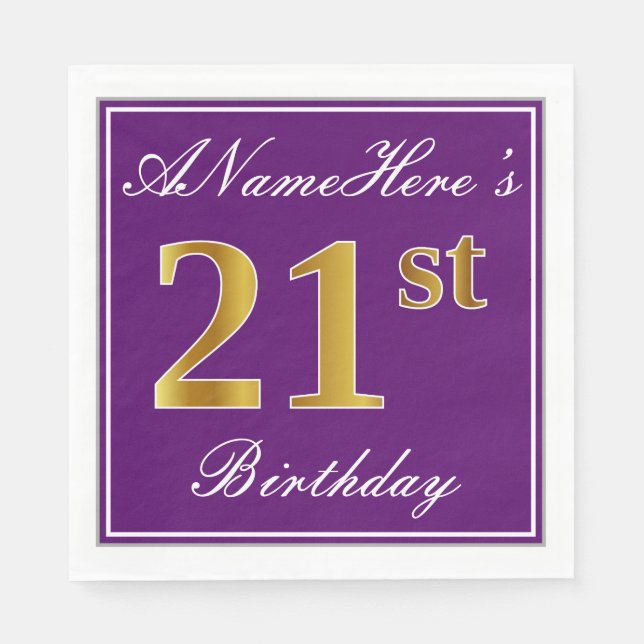 Serviette En Papier Élégant violet, Faux Or 21ème anniversaire + Nom (Devant)