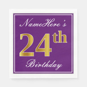 Serviette En Papier Élégant violet, Faux Or 24ème anniversaire + Nom