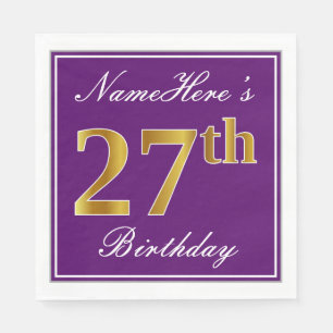 Serviette En Papier Elégant violet, Faux Or 27ème anniversaire + Nom