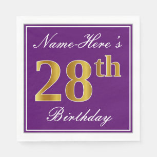 Serviette En Papier Élégant violet, Faux Or 28ème anniversaire + Nom