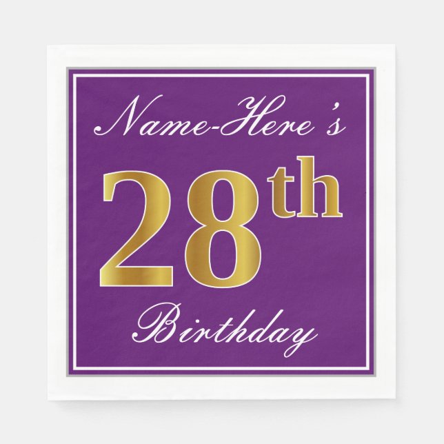 Serviette En Papier Élégant violet, Faux Or 28ème anniversaire + Nom (Devant)