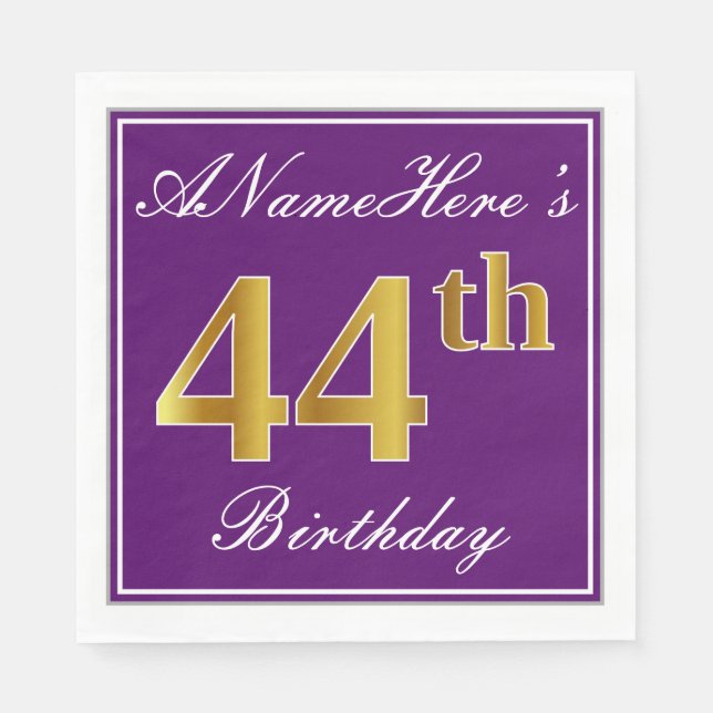 Serviette En Papier Elégant violet, Faux Or 44ème anniversaire + Nom (Devant)