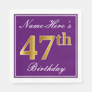 Serviette En Papier Elégant violet, Faux Or 47ème anniversaire + Nom