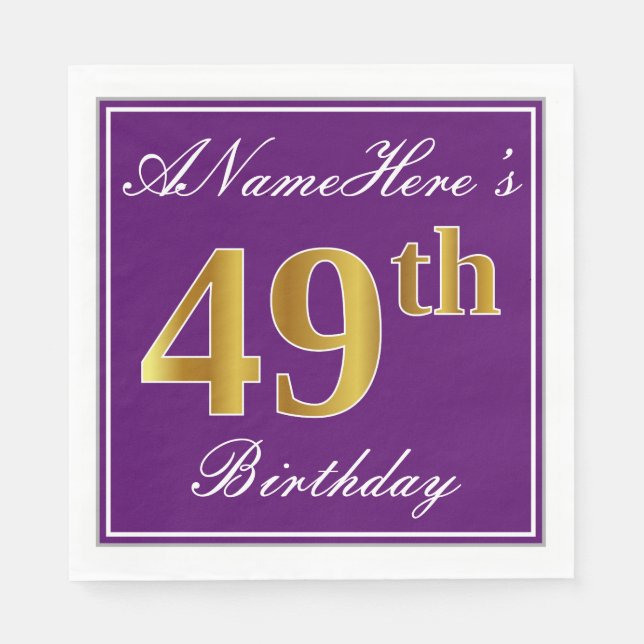 Serviette En Papier Elégant violet, Faux Or 49ème anniversaire + Nom (Devant)