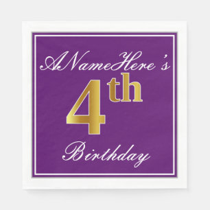 Serviette En Papier Élégant violet, Faux or 4ème anniversaire + Nom