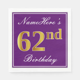 Serviette En Papier Élégant violet, Faux Or 62ème anniversaire + Nom