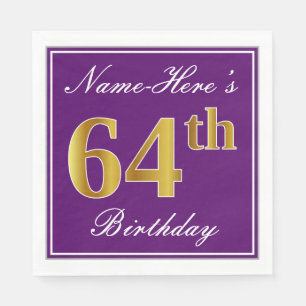 Serviette En Papier Élégant violet, Faux Or 64ème anniversaire + Nom