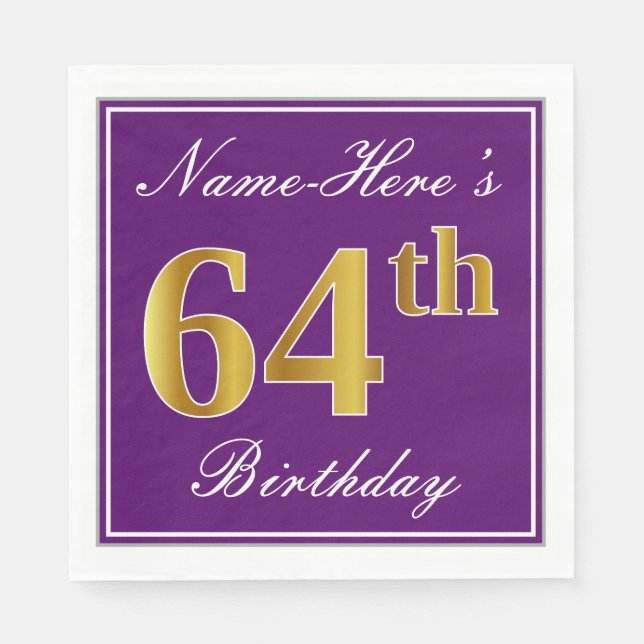 Serviette En Papier Élégant violet, Faux Or 64ème anniversaire + Nom (Devant)