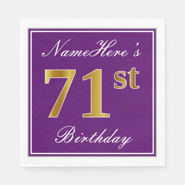 Serviette En Papier Élégant violet, Faux Or 71ème anniversaire + Nom (Devant)