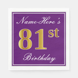 Serviette En Papier Elégant violet, Faux Or 81ème anniversaire + Nom