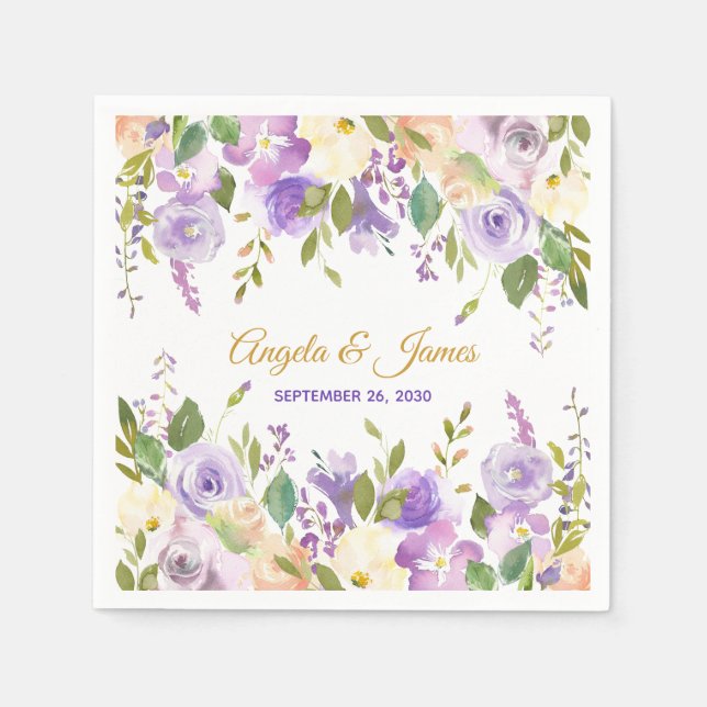 Serviette En Papier Elégant violet or Aquarelle Mariage Floral (Devant)