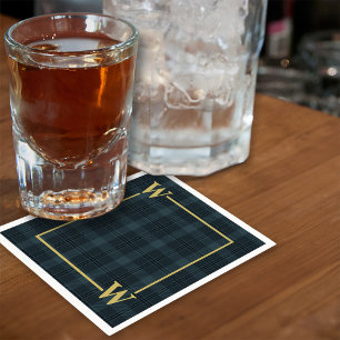 Serviette En Papier Élégant Vitre Noir Or Plaid Monogramme