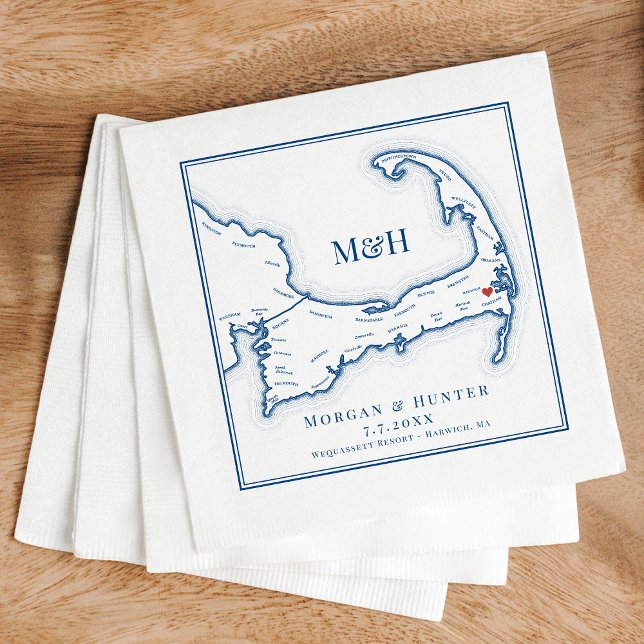 Serviette En Papier Elégant Wequassett Resort Mariage (Wequassett Resort Wedding Napkins with Elegant Navy Blue Cape Cod Map from Coastal Map Designs)
