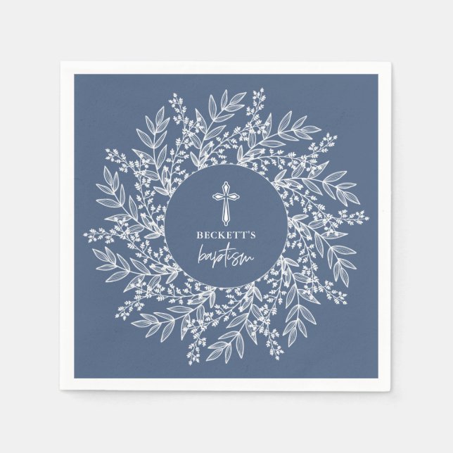 Serviette En Papier Elegant Wreath and Cross Blue Boy Baptism (Devant)