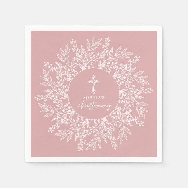Serviette En Papier Elegant Wreath and Cross Pink Girl Christening (Devant)