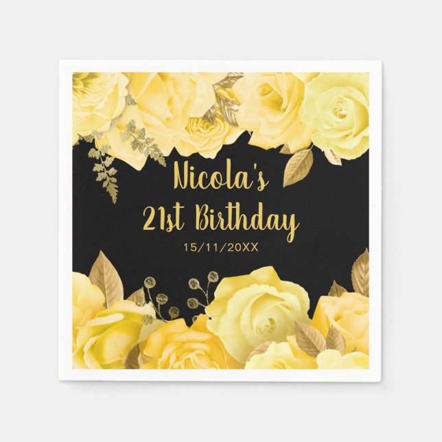Serviette En Papier Elegant Yellow and Gold Flowers Birthday Party (Devant)