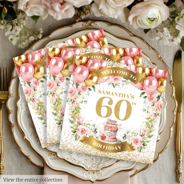 Serviette En Papier Élégante 60e anniversaire Napkins Parties scintill (Elegant 60th Birthday Napkins Gold Glitter Blooms)
