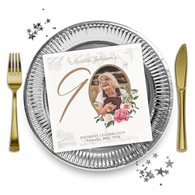 Serviette En Papier Elégante 90e fête d'anniversaire Floral Botanical  (Elegant 90th Birthday Party Floral Botanical Photo Napkins)