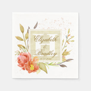 Serviette En Papier Elégante aquarelle Automne Floral Monogramme Coupl