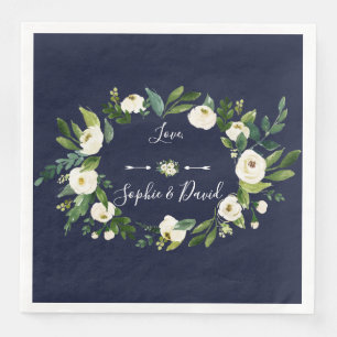 Serviette En Papier Elégante aquarelle blanc Floral bleu foncé Mariage